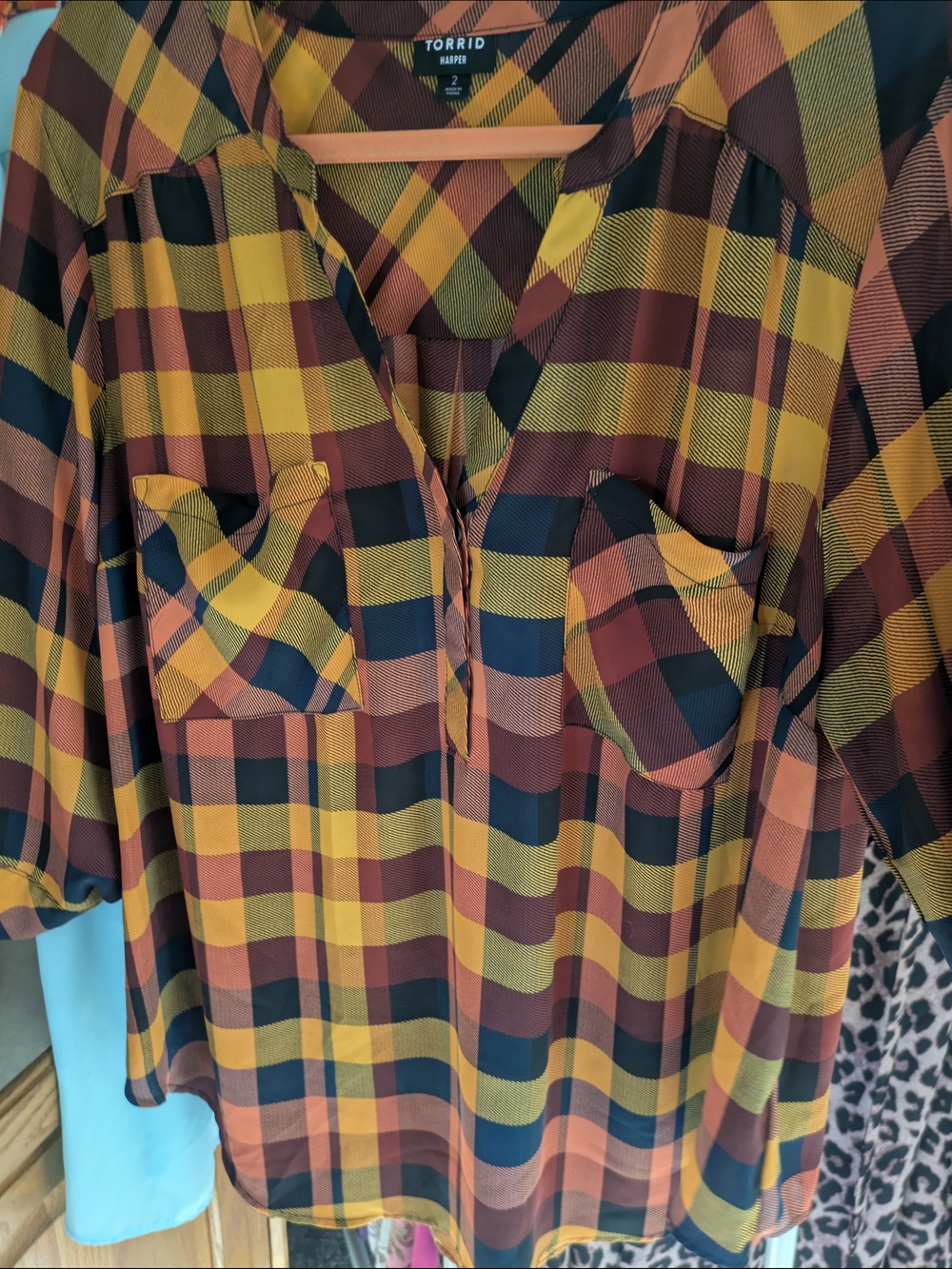 torrid Mustard Yellow Brown Navy Plaid Blouse